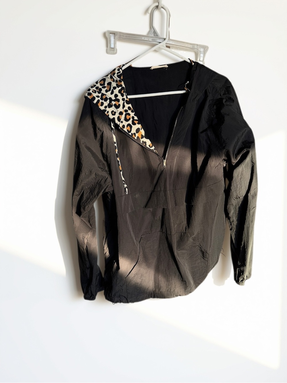 Black Bomber Jacket with Leopard Hood Trim